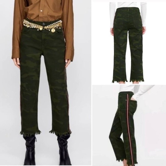 Zara Woman Cropped Straight Jeans Camouflage Raw Frayed Hem Side Striped 4 - Picture 2 of 5